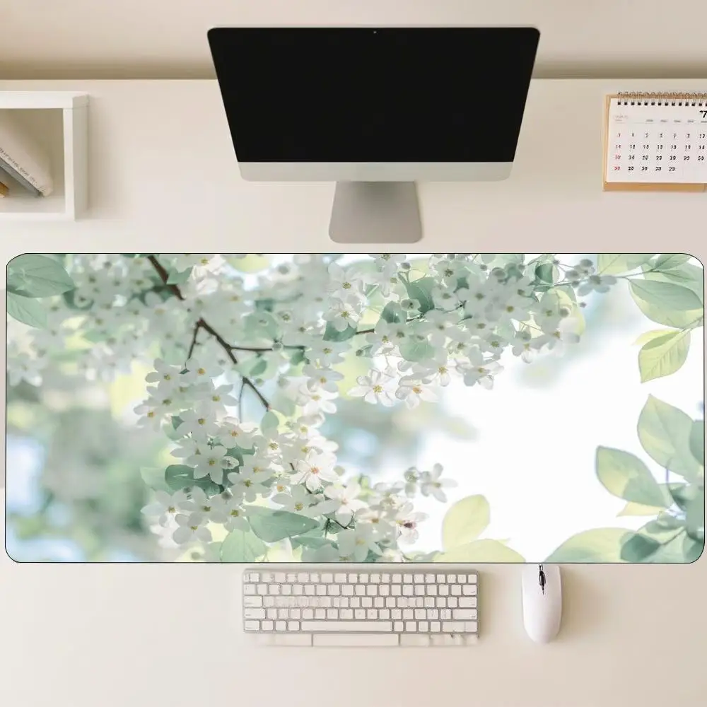 White Floral Branch Spring Nature Art Non‑Slip Rubber Mouse Pad For Precise Mouse Control Gaming Desktop Daily Sessions
