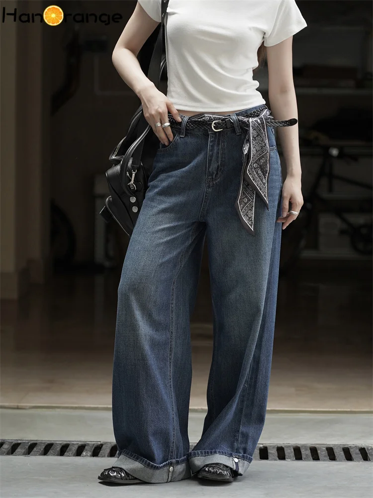 

HanOrange 2025 Autumn Winter Vintage Fashion with Silk Scarf Belt Wide Leg Jeans Women Loose Denim Pants Blue