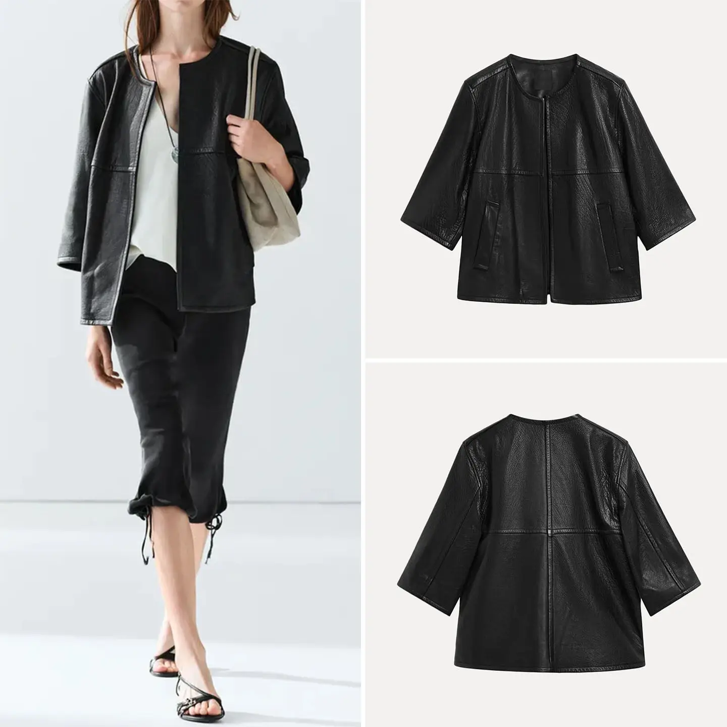 Chaqueta Corta de Cuero Suave para Mujer, Estilo Veraniego, Material Napa, Corte Estándar, Manga Larga, Abrigo Regular