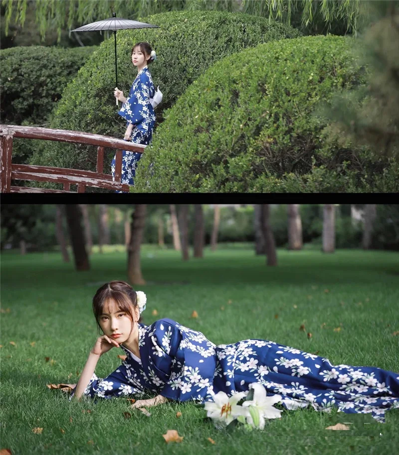 Mulher japonesa tradicional quimono com vermelho obi impressão floral asiático yukata haori roupão palco mostrar traje fotografia vestir