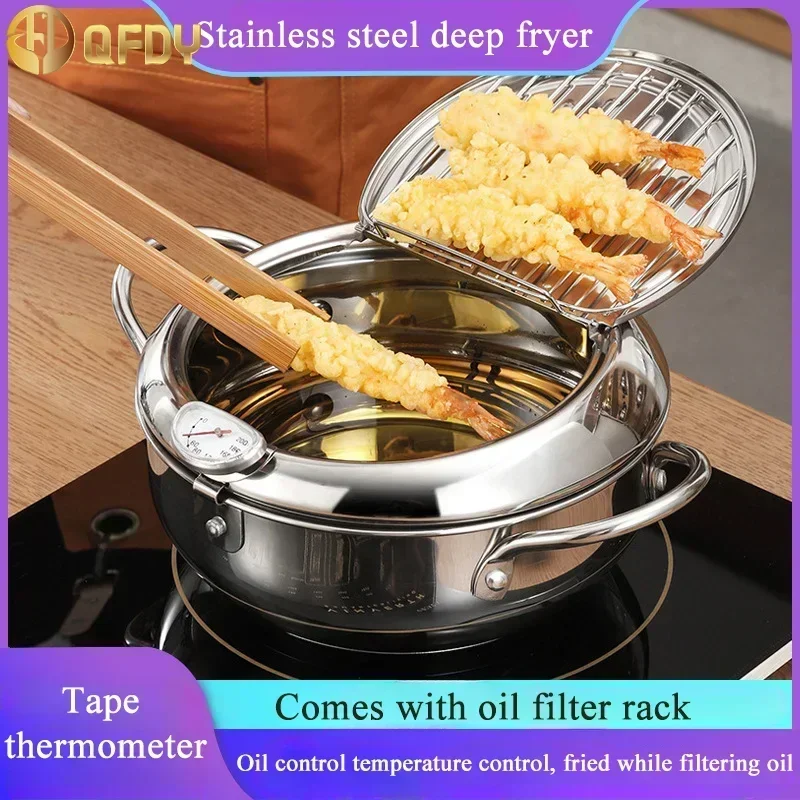 1pc Stainless Steel Oil Pan Household Thermometer With Cover Tempura Oil Fryer Small Oil Saving French Fries Frying Pan