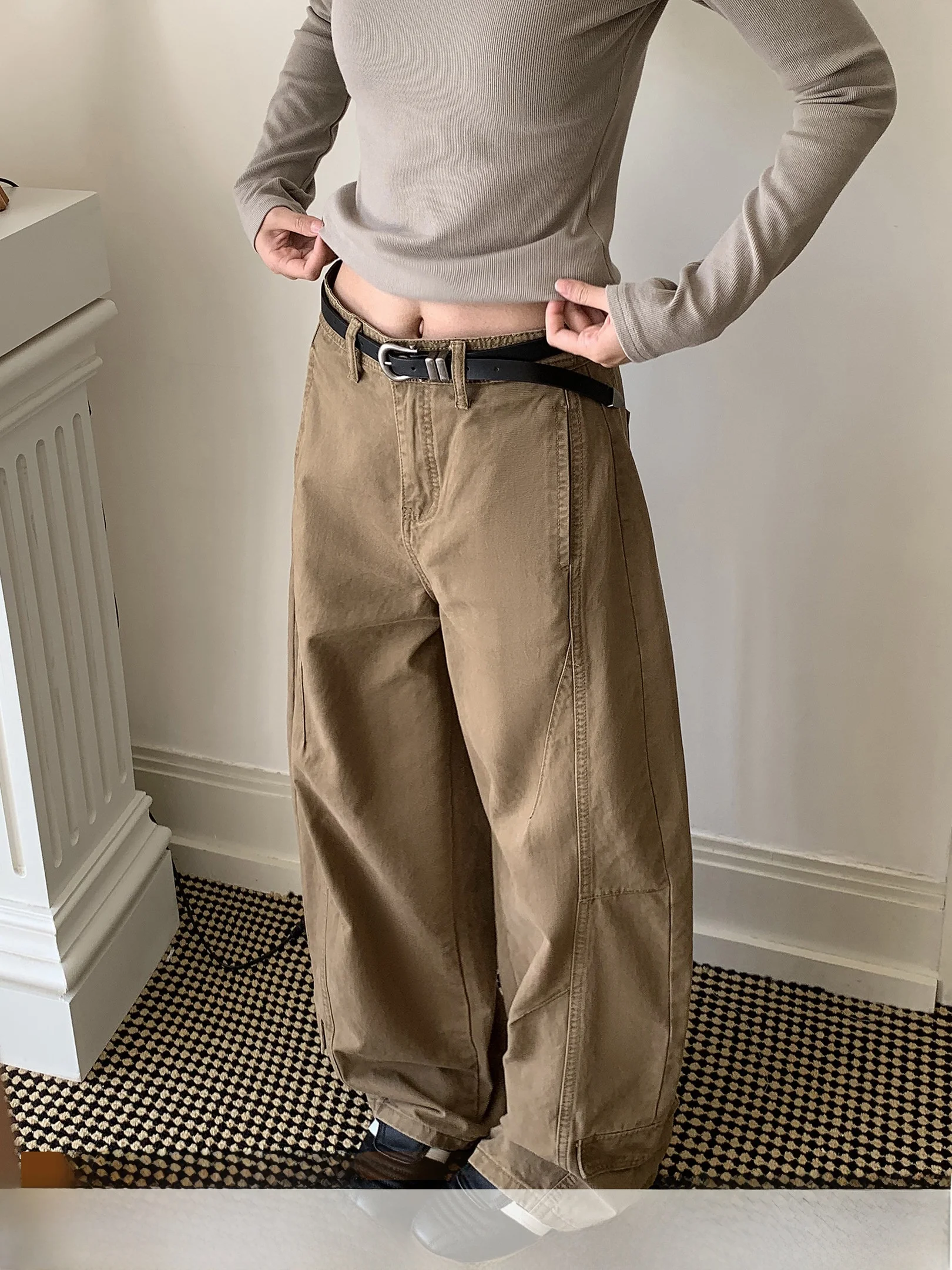 

Универсальные повседневные широкие брюки с дизайнерскими линиями, осень-зима, универсальные удобные хлопковые женские брюки с высокой талией на молнии...