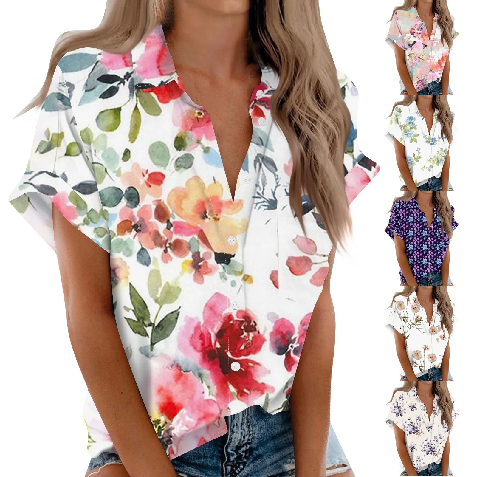 2024 Women's Shirt & Blouses Elegant Flower Print Shirt High Quality Short Sleeve Fashion Large Size Female Clothing Blouse