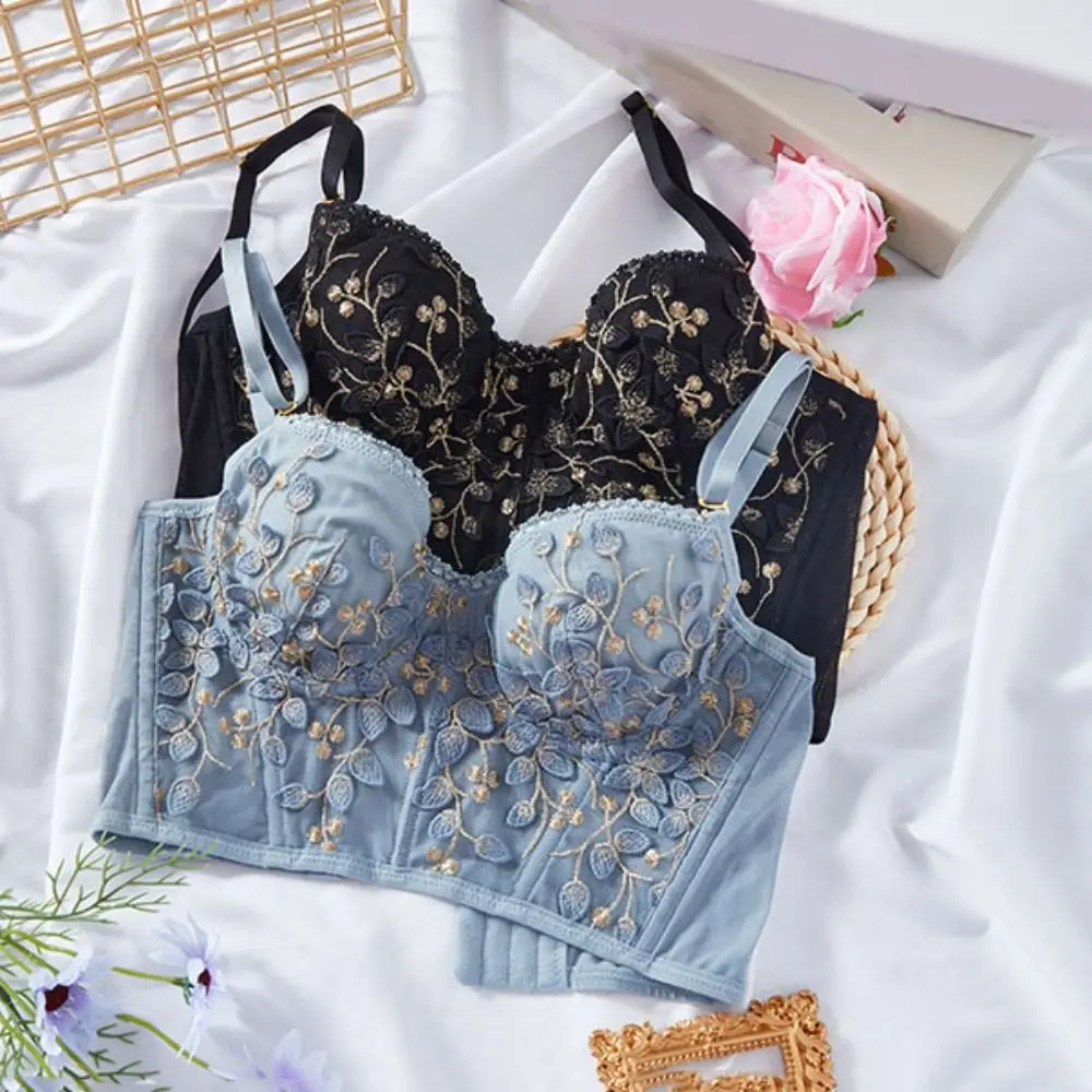 

Close-fitting Flower Embroidery Bra Shockproof Sweet Push Up Underwear Gathered Breasts Anti-sagging Brassiere for Women Girls