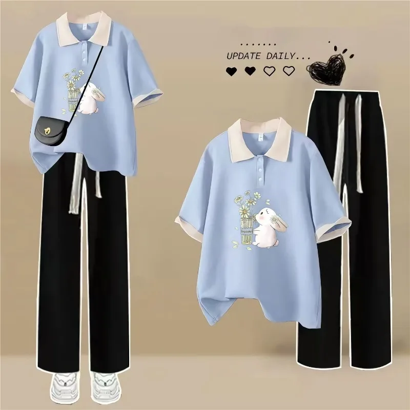 

Women Casual Loose Polo T Shirts Wide Leg Pants Two Piece Suits 2025 Summer Cute Cartoon Rabbit Short Sleeve Tops Trousers Sets