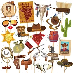 25Pcs/Pack Western Cowgirl Theme Photo Booth Props Cowboy Hat Boots Costume Mask for Birthday Bachelorette Party Decoration