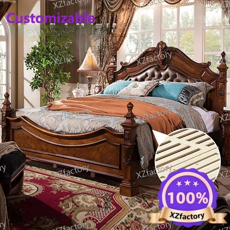 Factory Direct 2026 Top RatedEuropean retro solid wood double bed 1.8 meters leather soft bag master bedroom retro big bed villa