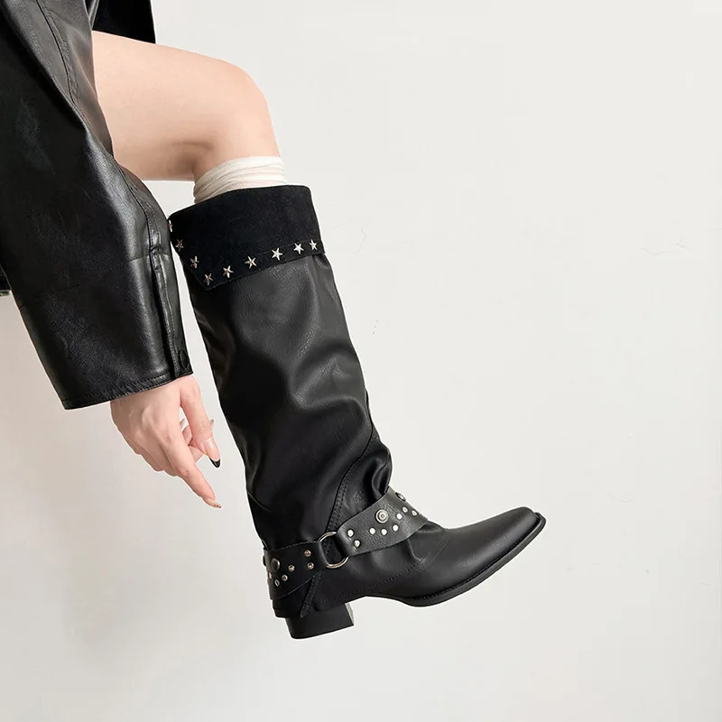 HKDQ Women's Knee-High Boots Pointed Toe Low Block Heel Leather-Look Slouchy Shaft Studded Harness Strap Edgy Moto Shoes