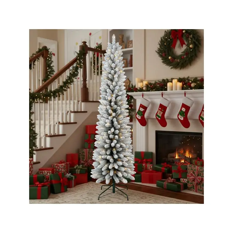 Флокированная тонкая рождественская елка-карандаш длиной 5 футов с 100 теплыми белыми светодиодами, 263 наконечниками, простая сборка, компактный дизайн, идеально подходит для