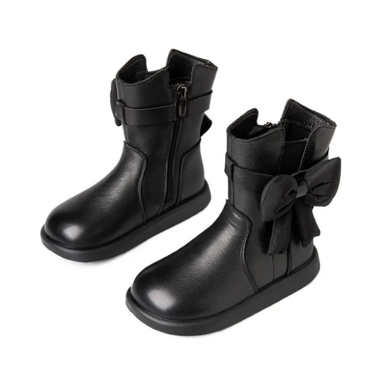 

Girls Boots Princess Shoes Fashion Bow Black Children Genuine Leather Boots Baby Toddler Autumn Winter Kids Riding Ankle Boots