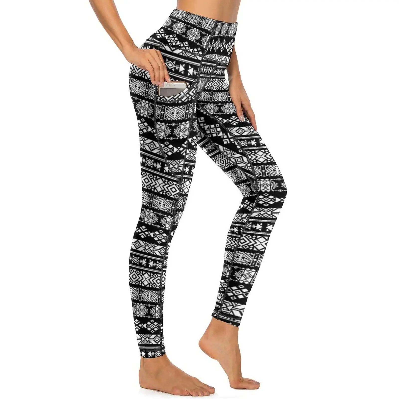 Calças tribais étnicas Yoga, Leggings preto e branco, cintura alta, novidade, design elástico, treino, esporte, sexy