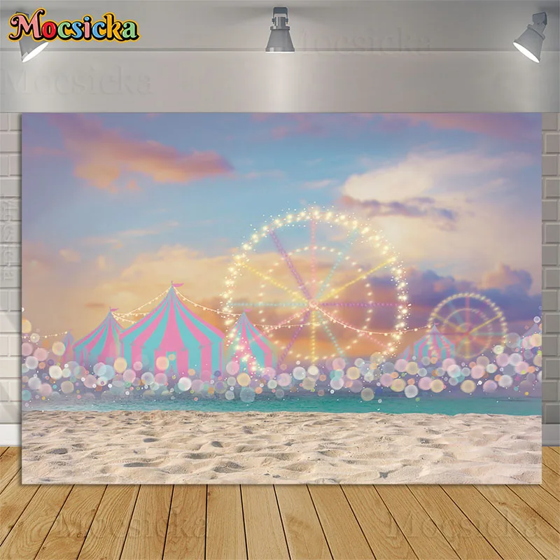 

Summer Circus Tent Sandy Beach Photography Backdrops Ferris Wheel Sand Kids 1st Birthday Party Portrait Background Studio Props