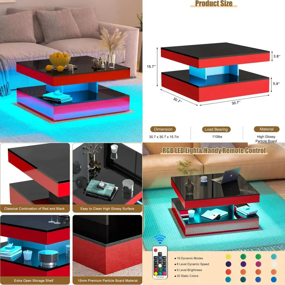 

Modern 2-Tier Square Coffee Table with High Glossy Finish, LED Accents for Living Room, Contemporary Wood Design