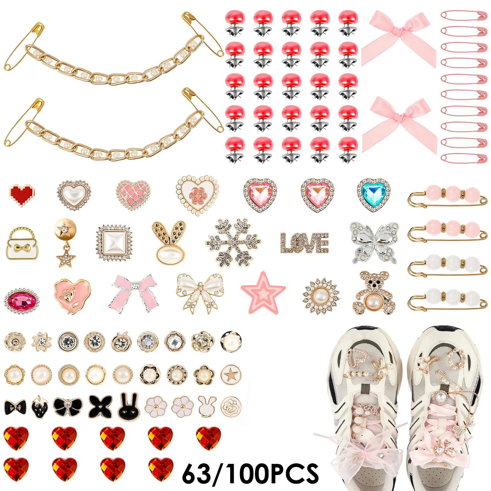 63/100Pcs Shoe Charms Set Decorative Sneaker Charms with Pins Brooches Bows Chains Shoelaces DIY Clothes Hat Bag Accessories