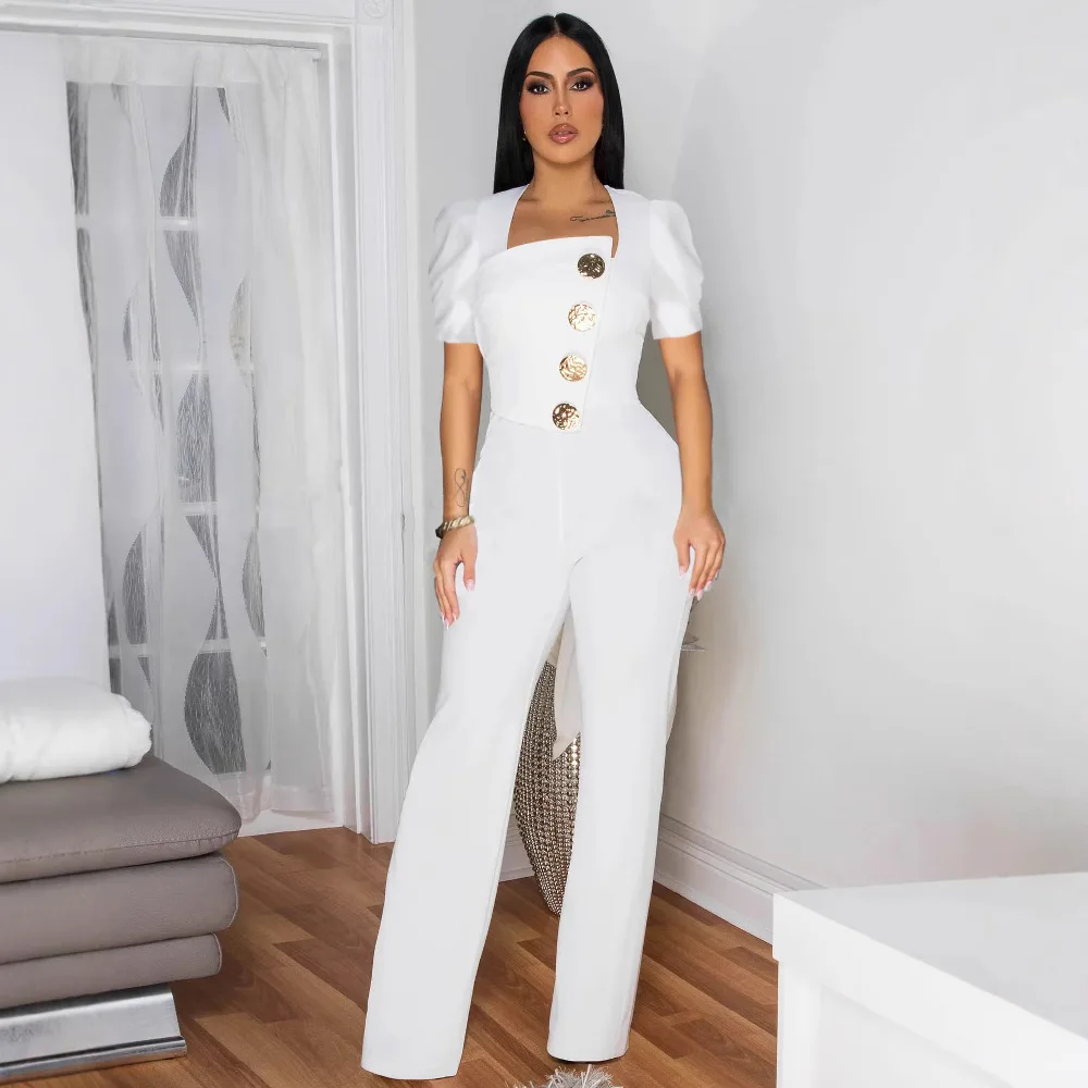 

Sexy Causal Party Outfits One Piece Suit Rompers Women Button Front Puff Short Sleeve Wide Leg Jumpsuits