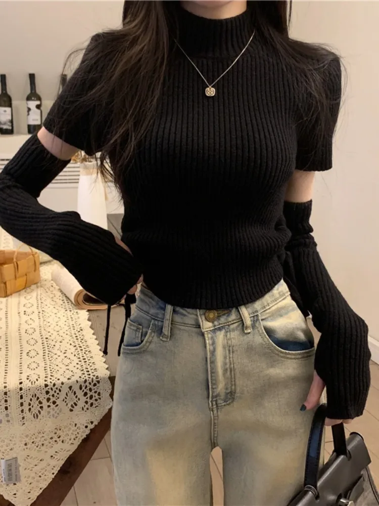 Korean Fashion Women Sweater with Removable Sleeves Autumn Winter Y2k Streetwear Knitted Pullover Female Jumper Clothes