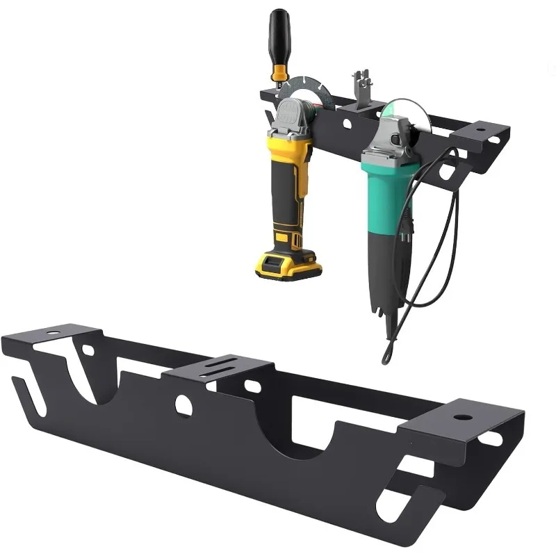 Système de montage mural pour meuleuse d'angle robuste (lot de 2) avec support à outils à 2 compartiments et support de cordon - Étagère de rangement pour outils électriques pré-assemblée