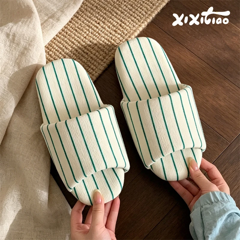 XIXITIAO Stripe Indoor Slippers Women Men Four Seasons Couples Home Flat Floor Slippers Open-Toe Soft Light Cotton Shoes Unisex view 2