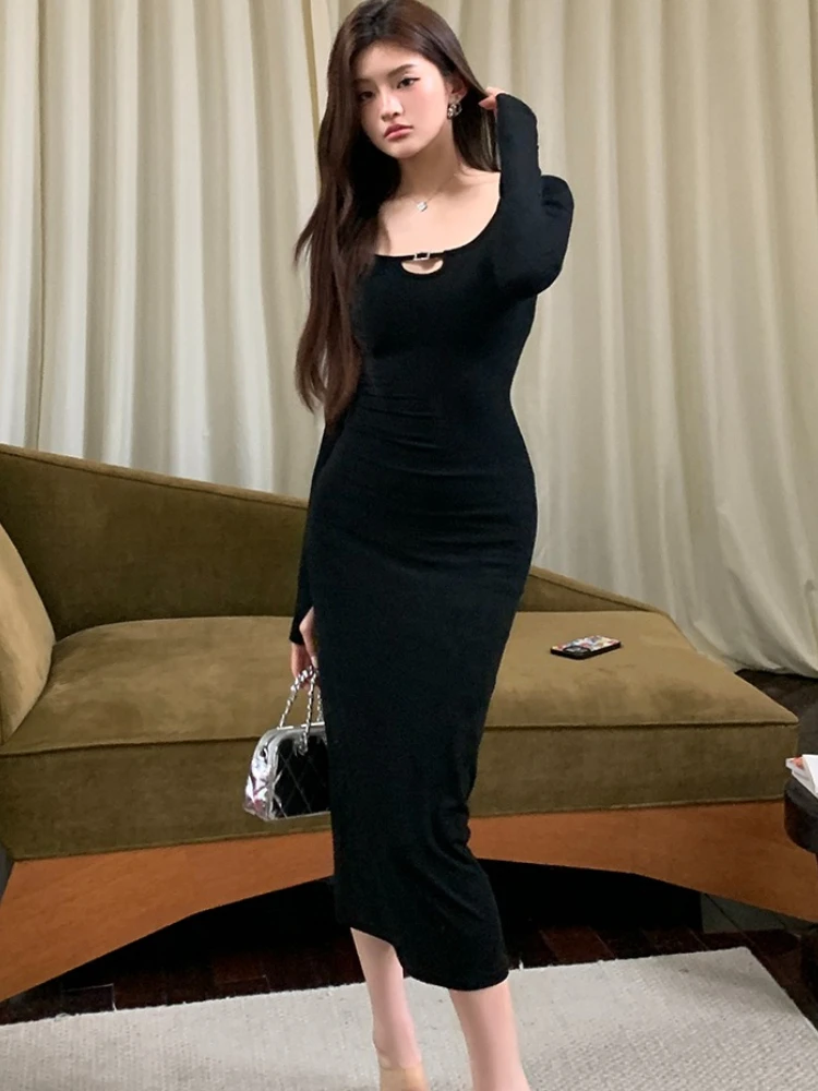 2026 Frühling Damenkleid mit eckigem Ausschnitt, figurbetontes Etuikleid, elegantes Unterkleid, sexy, ausgeschnittenes Bodycon-Bleistift-Midikleid