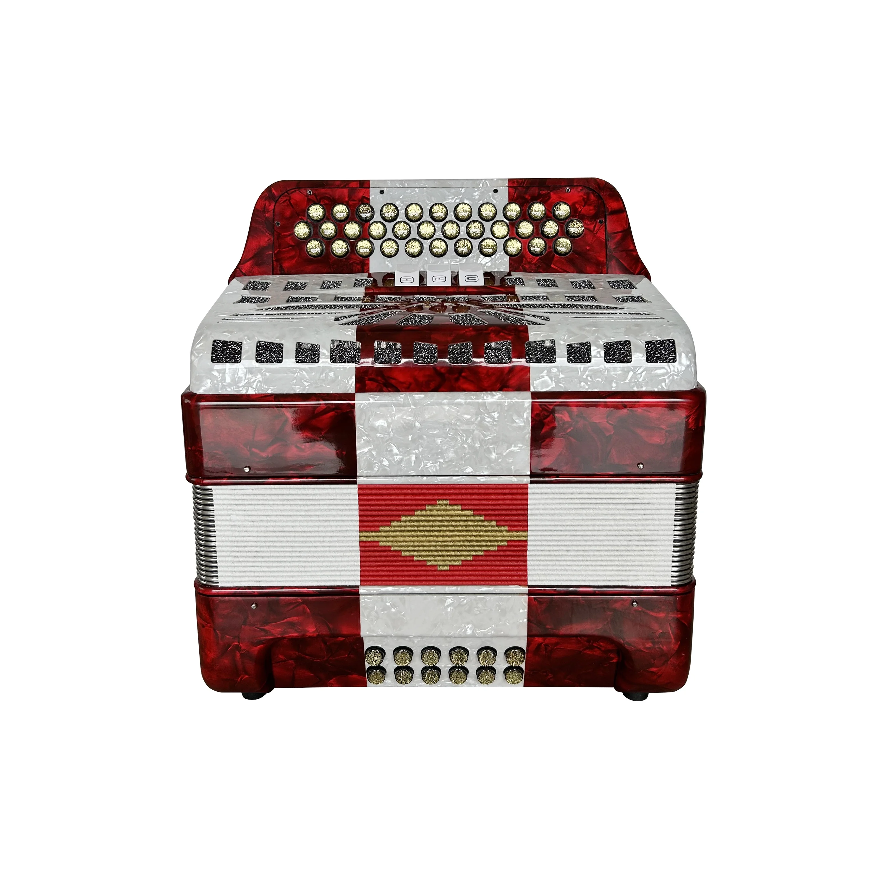 Diatonic Accordion Acordeon Musical JB3412C 34-Button 12-Bass 3-Register Red White Celluloid with Gold Grill Buttons