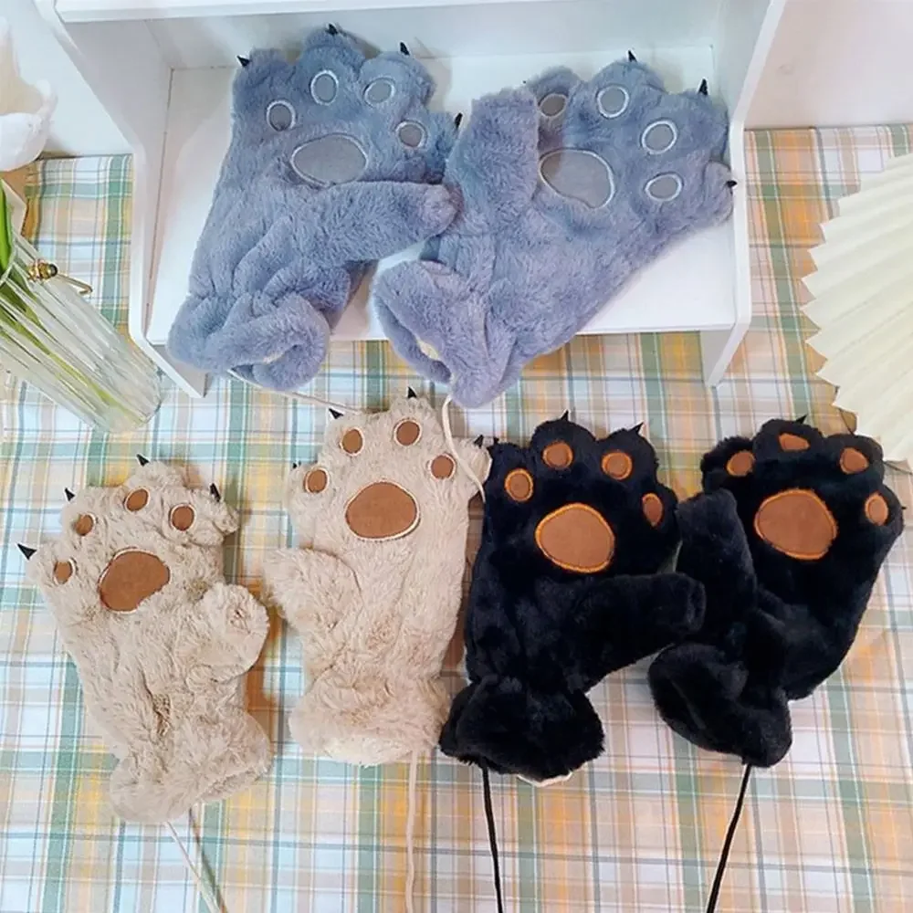 Guantes bonitos con forma de garra de gato para niñas, guantes de invierno con piel gruesa para estudiantes, guantes cálidos con palma de oso grande para mujer
