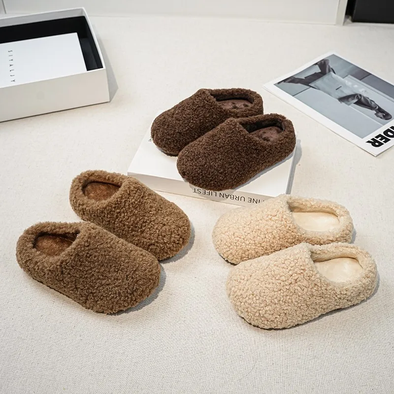 Children Home Slippers Girls Fluffy Winter Warm Shoes Thick Sole Anti-slip Kids Cotton Shoes Slip-on Simple Solid Color