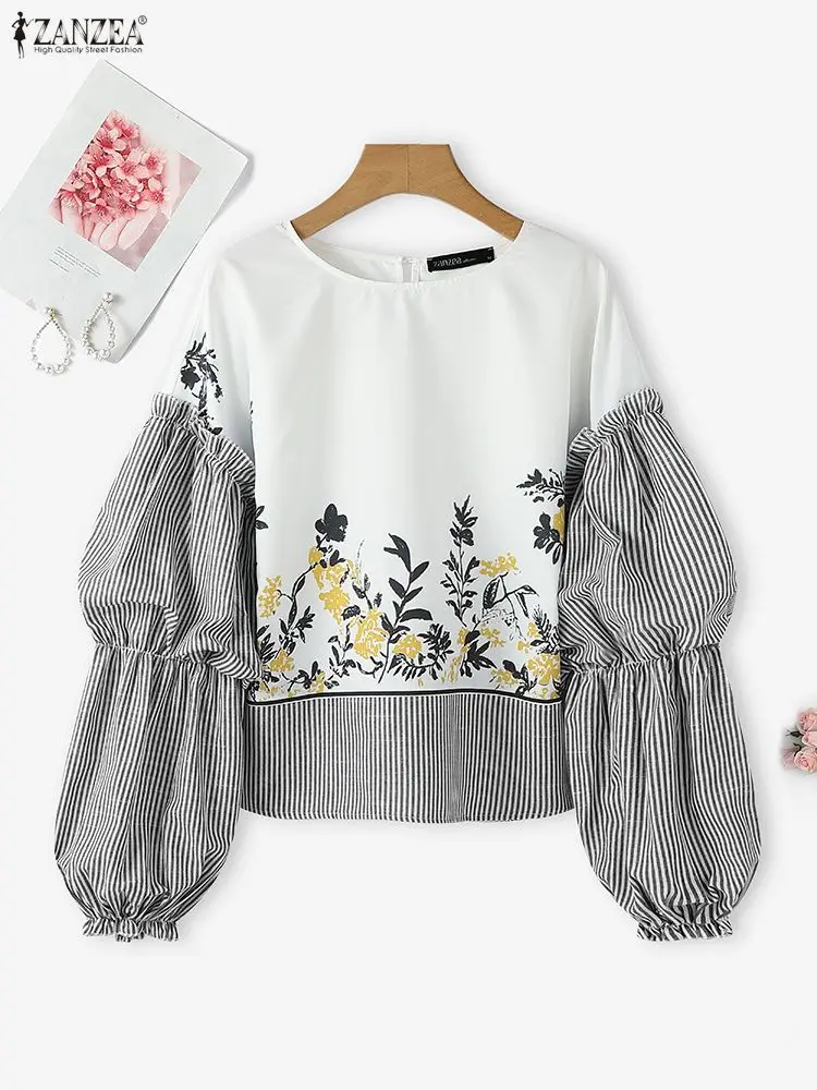 ZANZEA Fashion Lantern Sleeve Blouse Women Striped Floral Print Tunic Tops 2025 Autumn Casual Long Sleeve Elegant Office Shirts