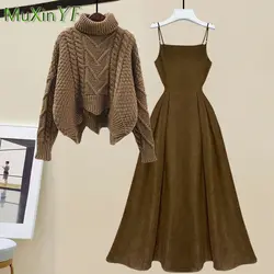 Suéter de punto de cuello alto Vintage para mujer, traje de dos piezas, vestido de correa de línea a, elegante, coreano, nuevo, Otoño e Invierno