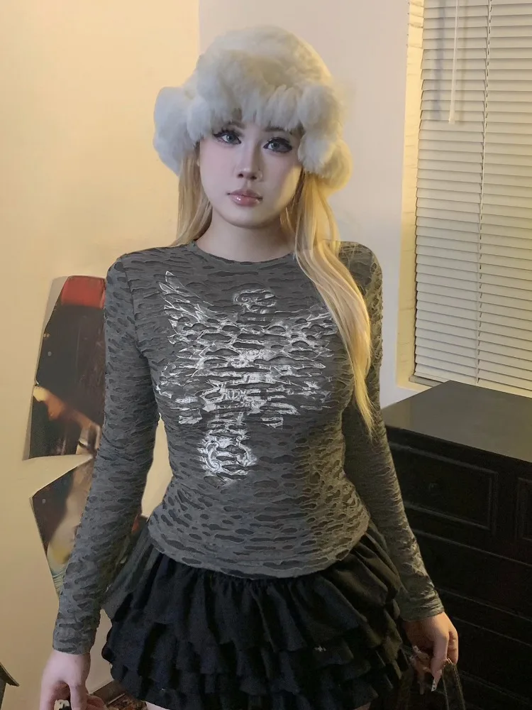 AltGoth Y2k E-girl الشارع الشهير هول تي شيرت المرأة مول القوطي Harajuku الجرونج سايبر الشرير ملابس منقوشة بكم طويل س الرقبة المحملة القمم أنثى