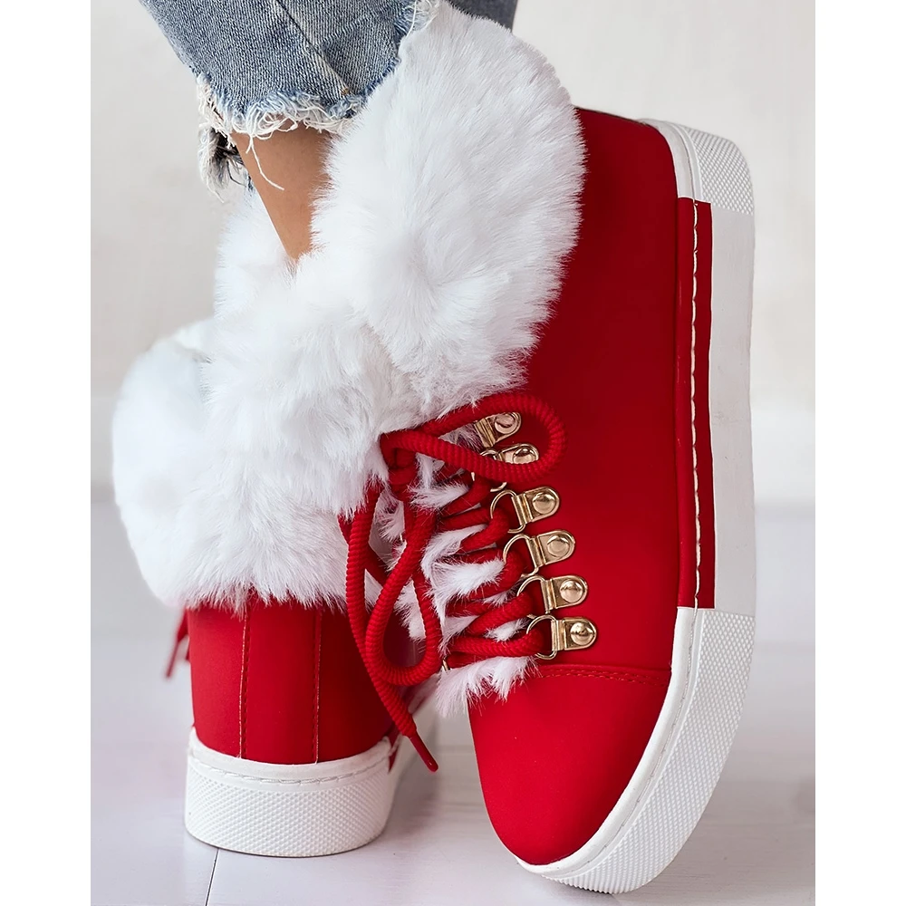 Christmas Winter Women Lace-up Fuzzy Lined Ankle Boots Casual Colorblock Round Toe Flat Ankle Snow Boots Daily Korean Style