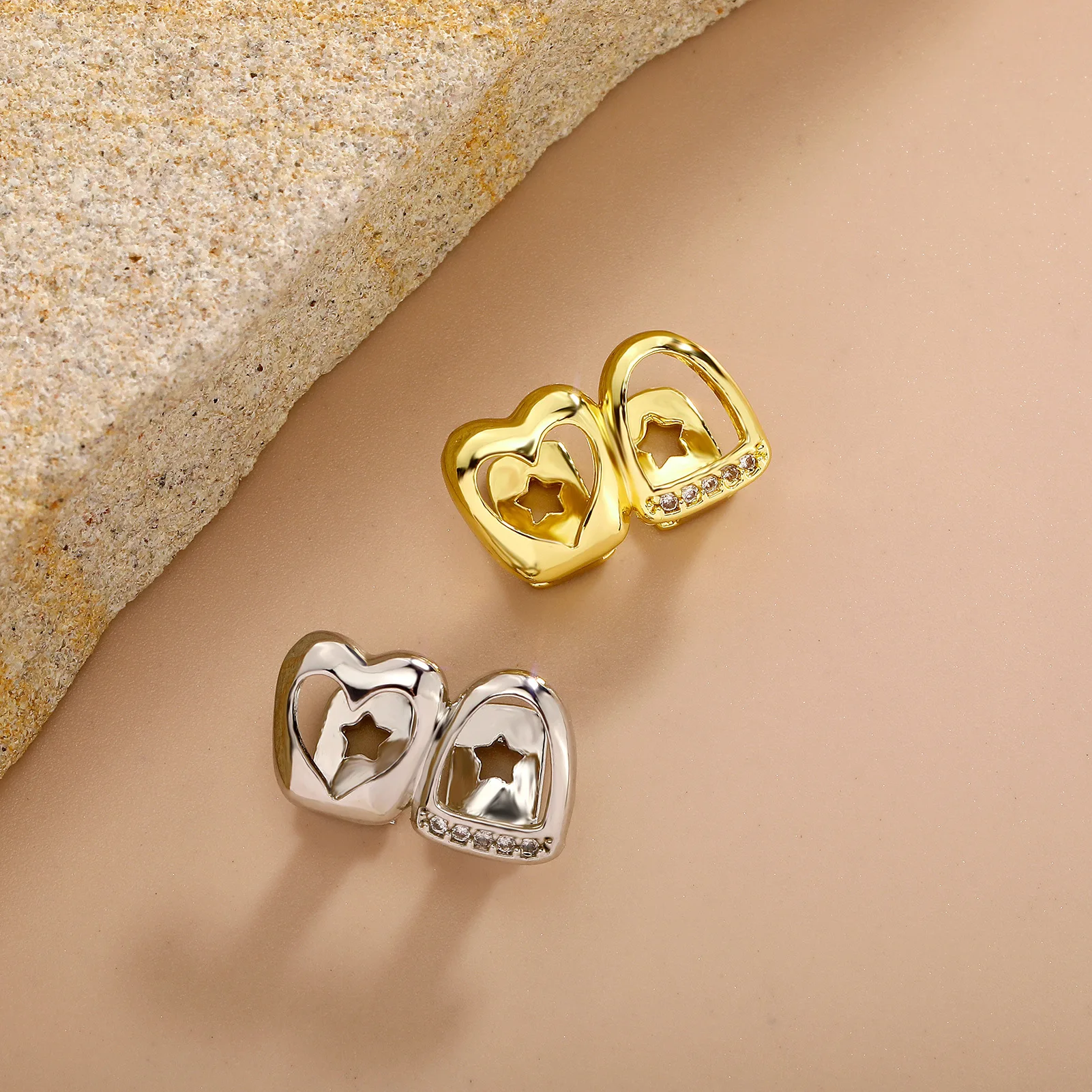 Hip-Hop Doppel-Hohlherz CZ-Stein Grillz Vintage Punk Zirkon Zahnkappen für Zahnspangen Schmuck Geschenk für Männer Frauen – Detail 12