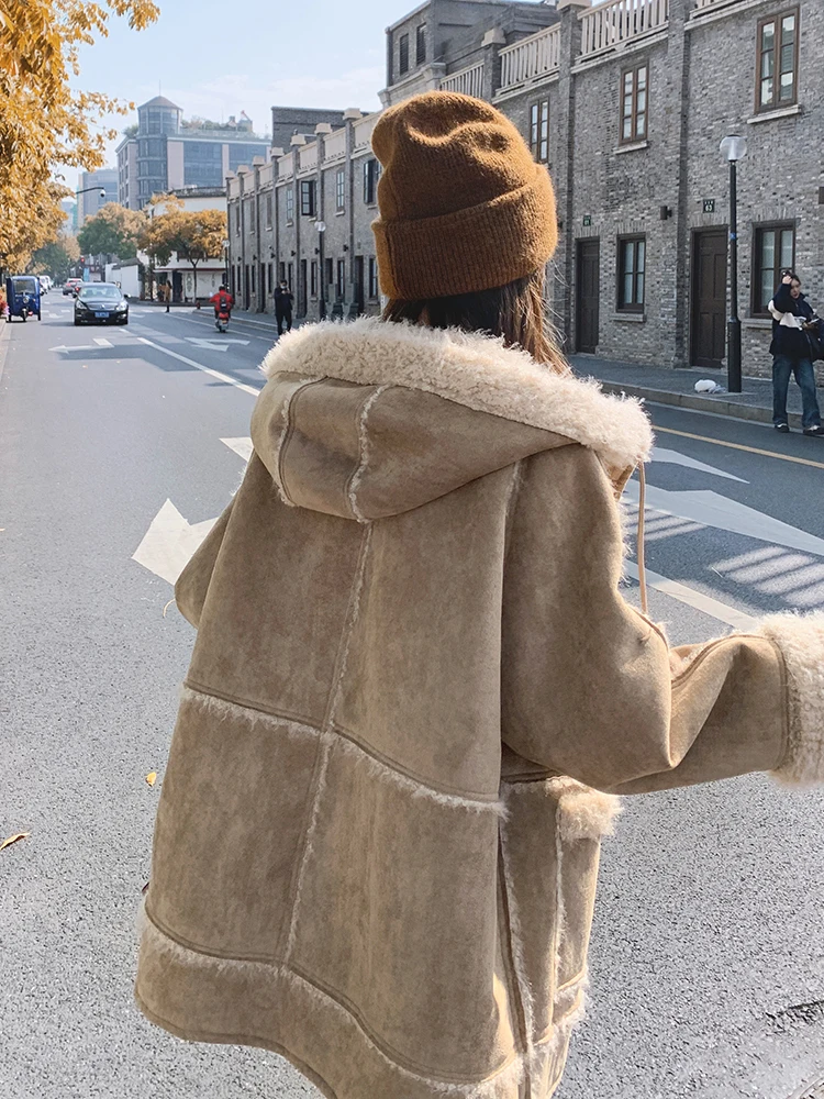 Winter New Women Jacket Coat Lamb Wool Hooded Fur Hooded Coat Women\'s Medium Long Coat Loose Female Top Chic Outwear