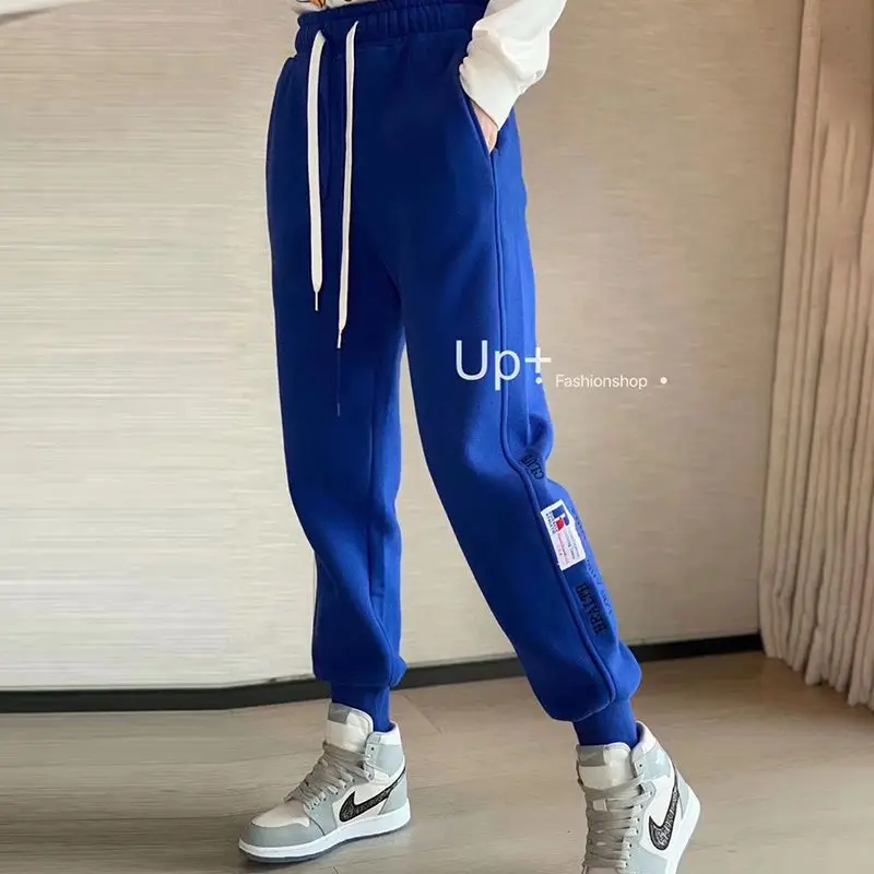 

Autumn Winter Fleece Korean Fashion Solid Harem Trousers Women's Clothing High Waist Casual Drawstring Embroidery Sports Pants