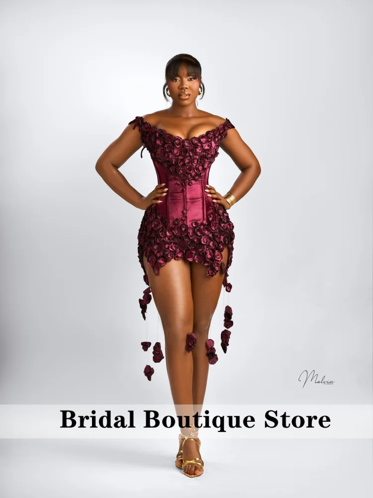 Customized 3D Flowers Prom Dresses BurgundyTassel Saudi Arabric Gala Bespoke Vestidos De Fiesta Homecoming Gown