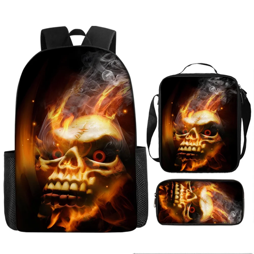 Gothic Skull Pattern Backpack Children School Bag Computer Backpack Boys Travel Rucksack Backpack with Lunch Bags,Pencil Bags