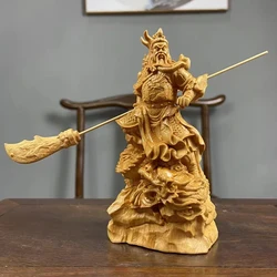 Natural Cypress  Long Guan Gong sculptures figurines Solid wood carving Home Room OfficeWealth Luck Feng Shui Decor Statue