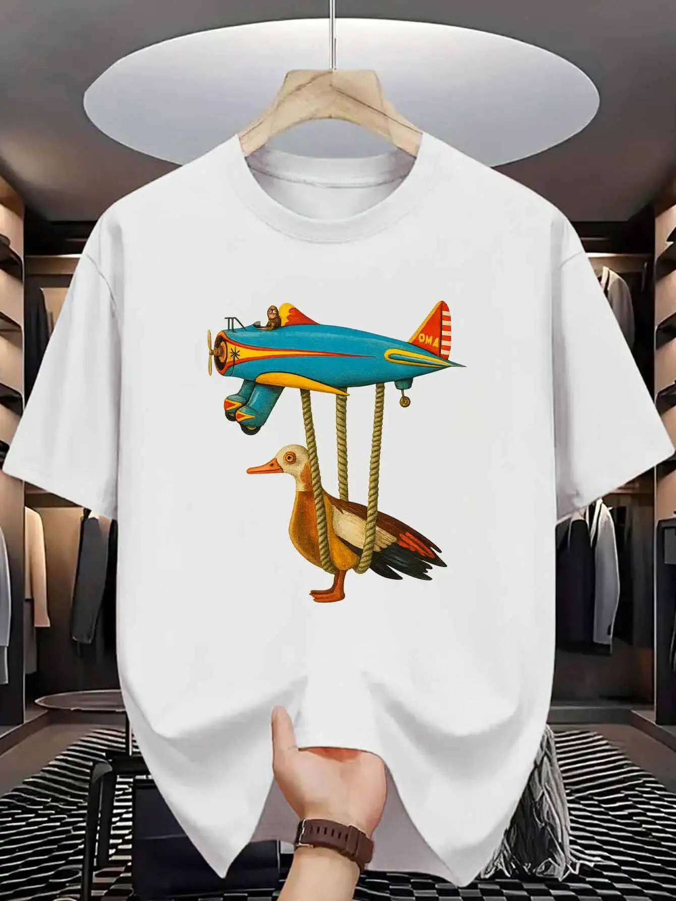 Aviation Duck Men'S T-Shirt |   Vintage Airplane and Bird Print Pattern, Pure, Premium Print, Durable, Casual Fashion, Crew Neck, Regular Fit, Short Sleeve