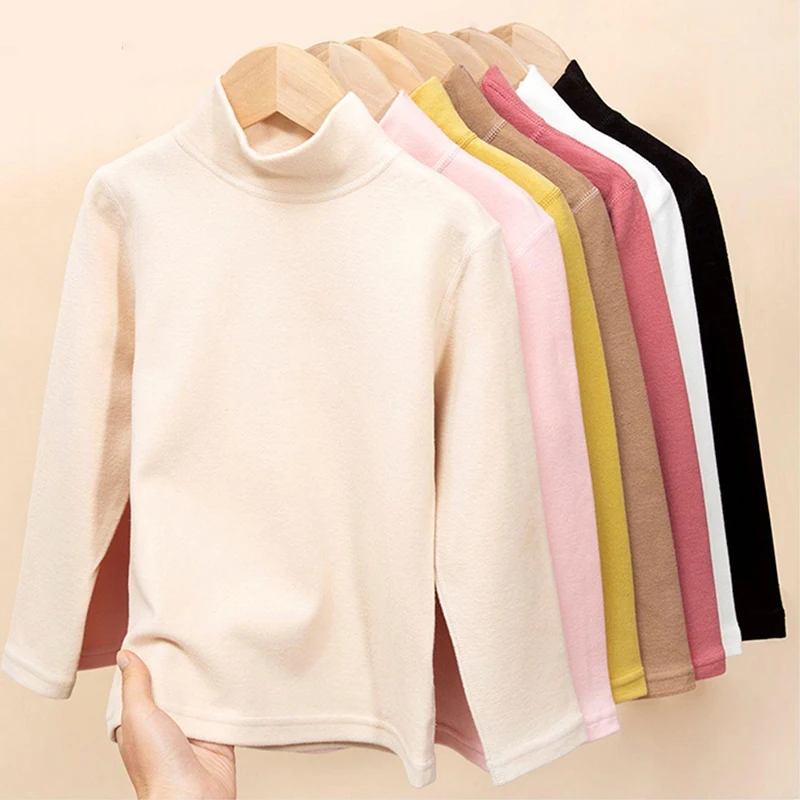 T-shirt for Girls Solid Thermal Underwear Autumn Winter Long Sleeve Casual High Collar Thin Velvet Heating Tops 6 8 10 12 Years