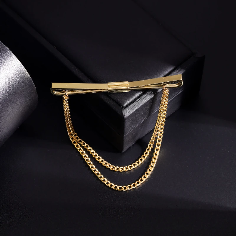 Gold and Silver Color Brooch Pin with Tassel Chain for Shirt Collars description 1