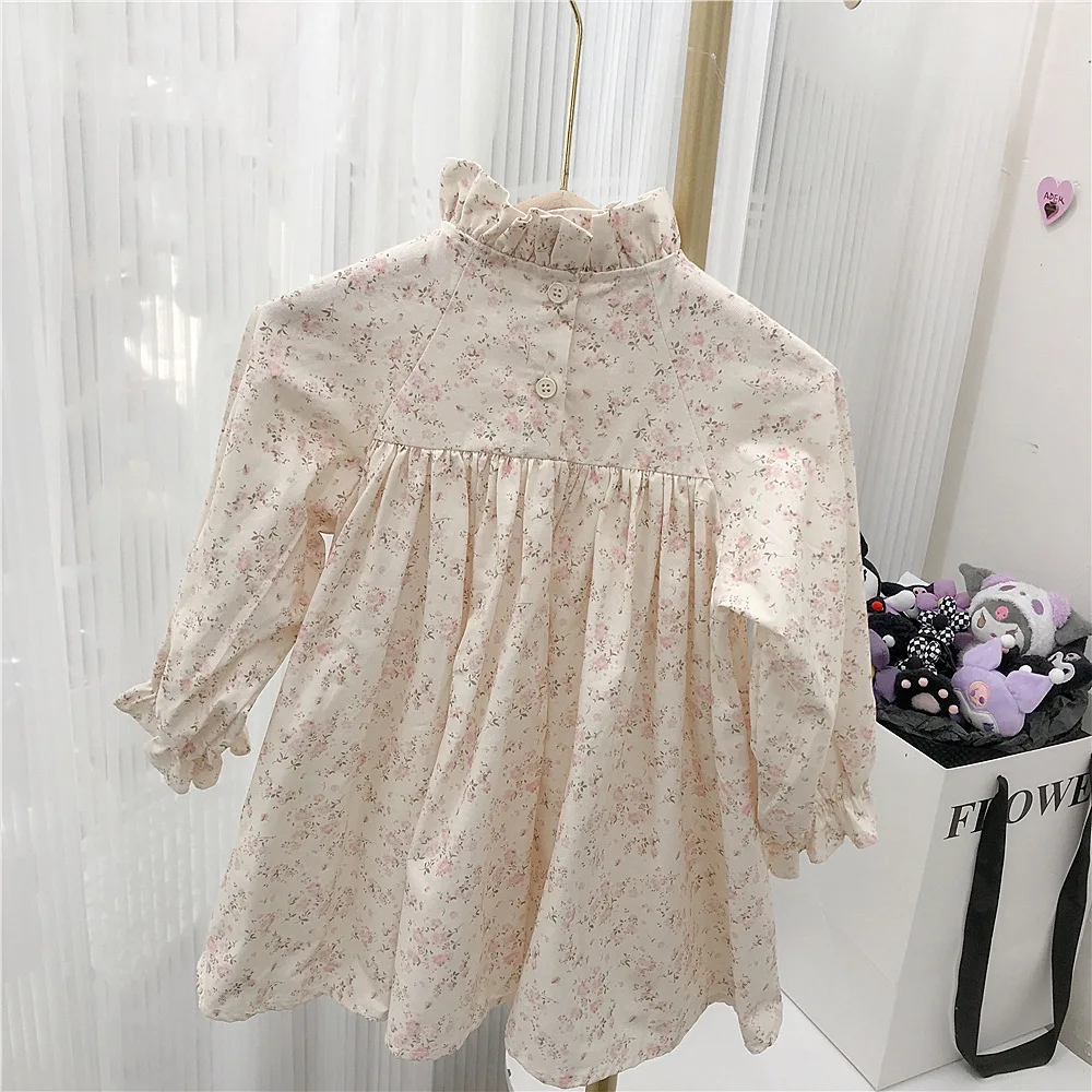 Korean Spring Autumn Children Girl 2PCS Clothes Set Solid Puff Sleeve Cardigan Sweater Turtleneck Printed Dress Baby Girl Outfit