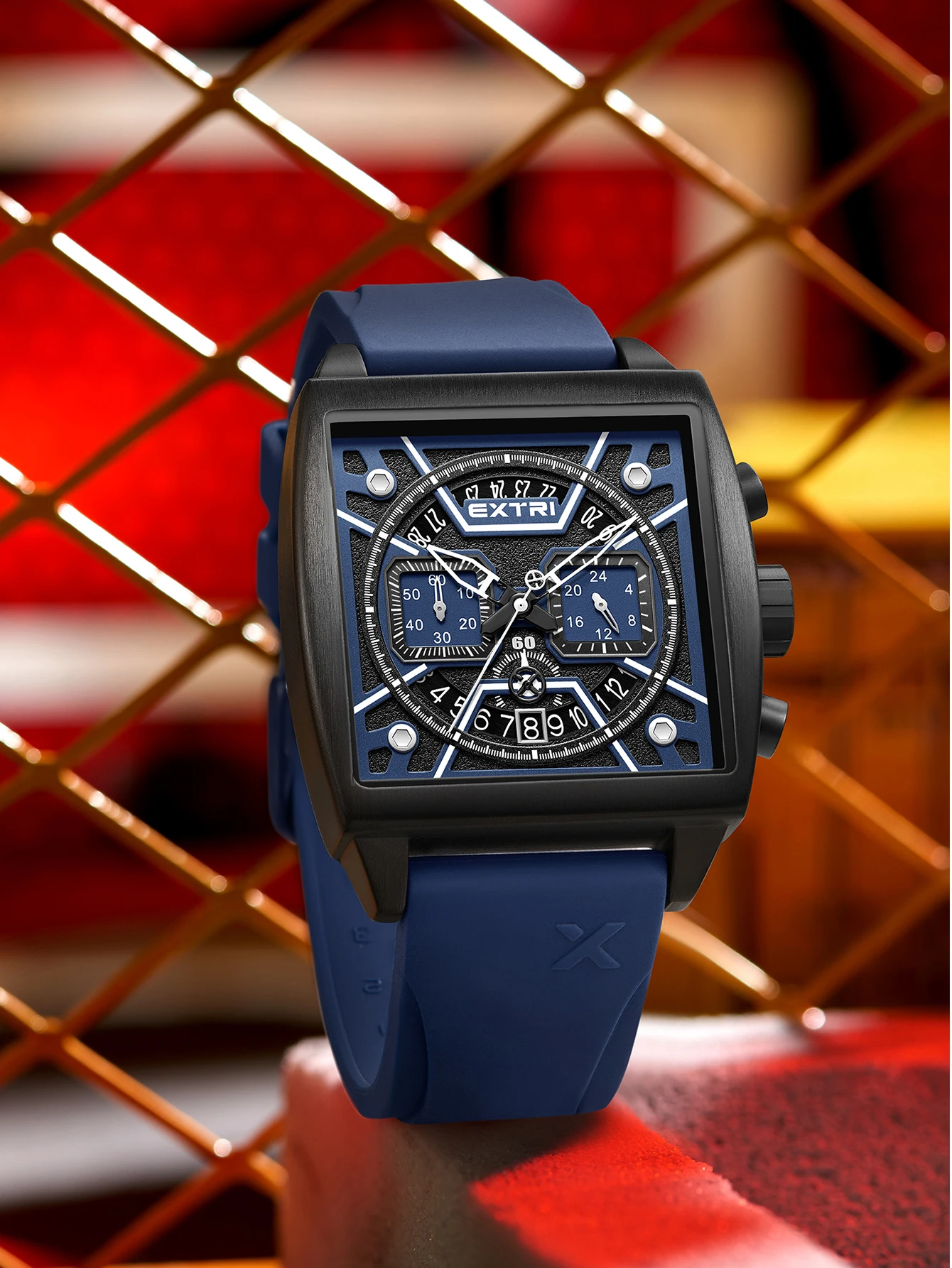 Extri Men Design Prostokątna obudowa Silikonowy pasek Wodoodporne sportowe zegarki kwarcowe Chronograf Funkcjonalny zegarek z kolorowym pudełkiem
