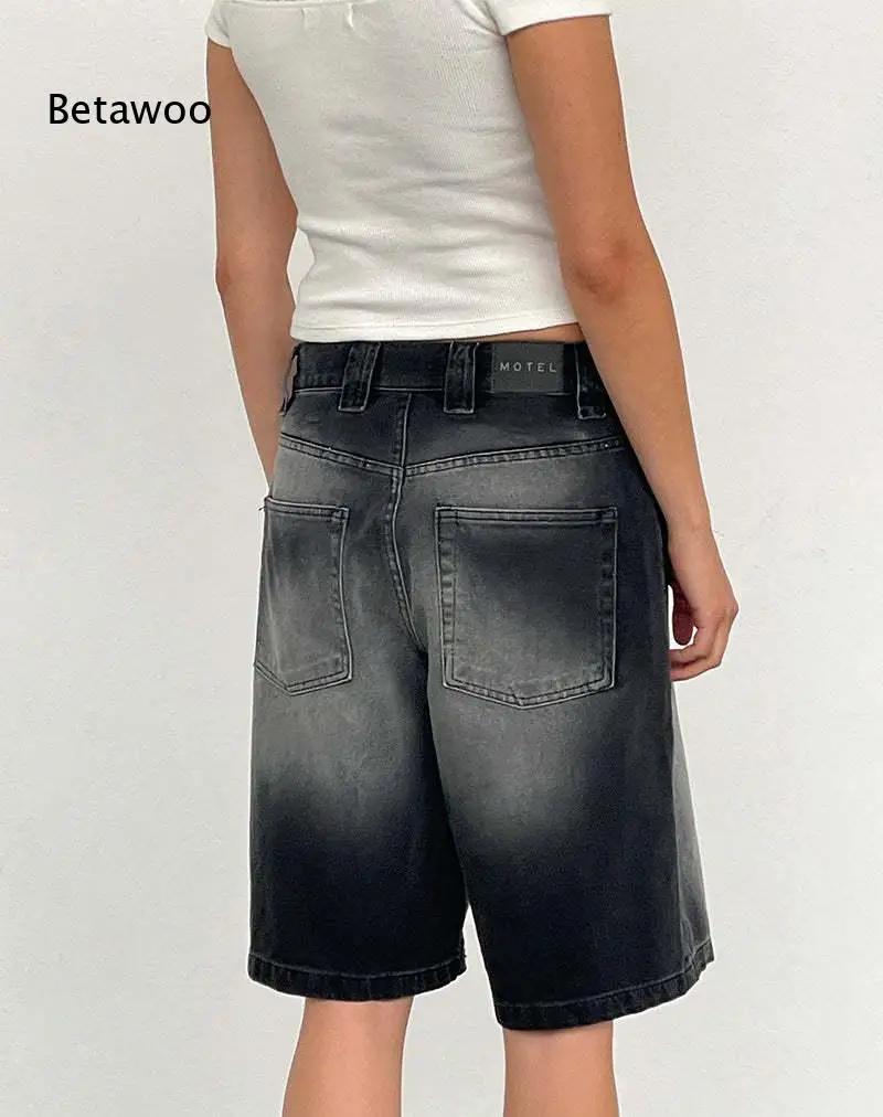 Gradient Black Washed Loose Straight Denim Bermuda Shorts Mid Rise Knee Length Women Casual Jeans view 5