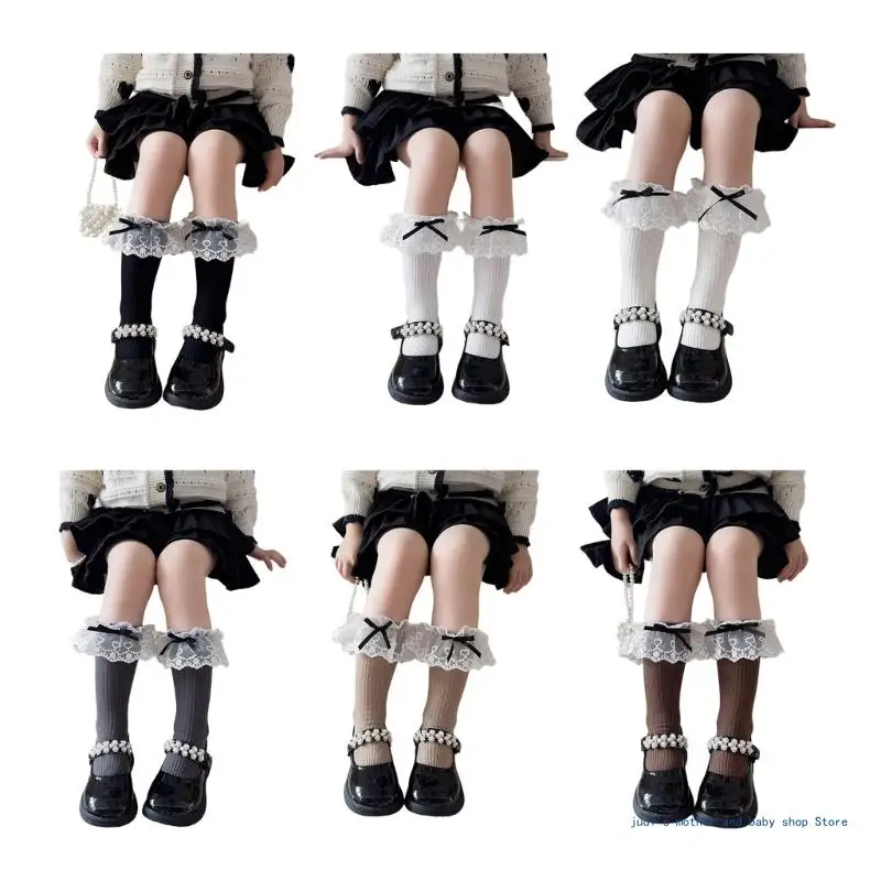 67JC 1 Pair Lace Bowknot Middle Calf Socks Fashionable and Comfortable In Tube Socks Length for 3-10T Girls Daily