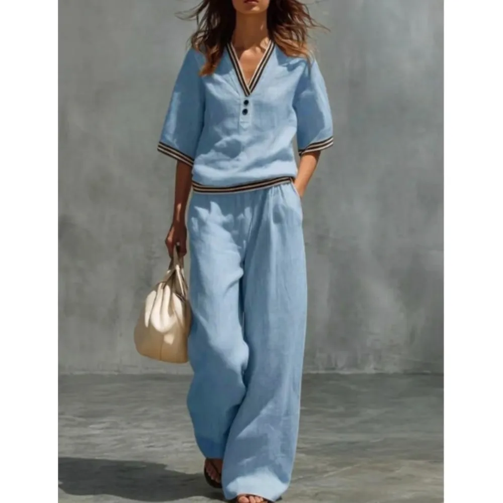 Fashion Linen Striped Color Block V-neck Short-sleeved Top Women Suit Summer Casual Daily Versatile Wide-leg Trousers-2piece Set