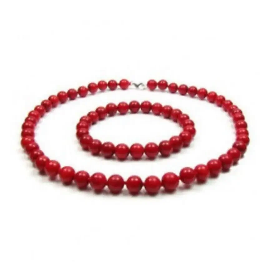 Nuevo conjunto de pulsera y collar de élry judío con cuentas redondas de Coral rojo Real japonés de 6-7mm grado AAA