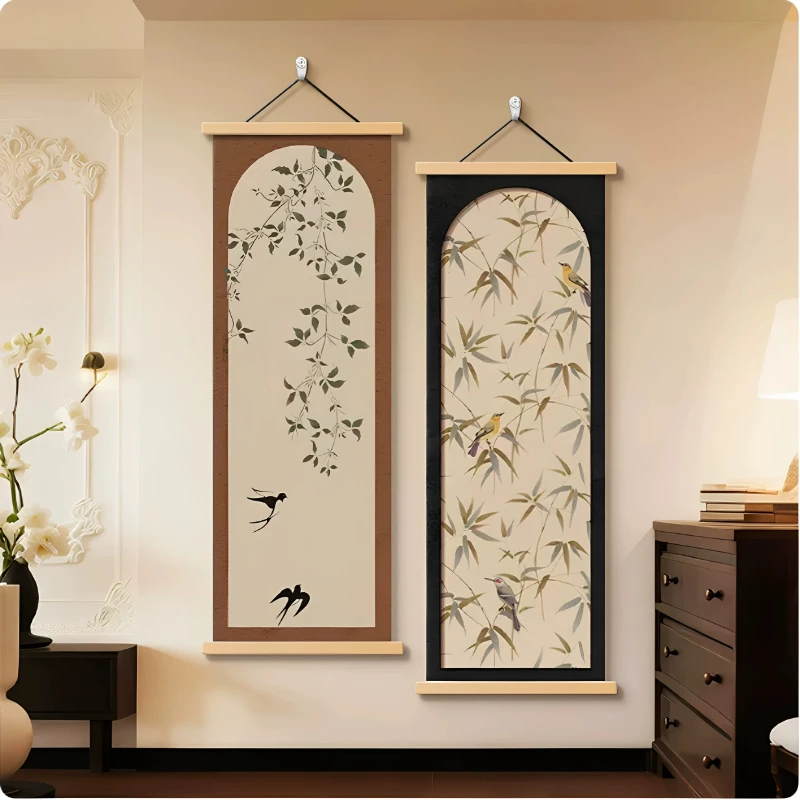 Wall Art Rainy Geese and Flowering Branches Vintage Chinese Pearlescent Canvas Hanging Scroll with Wooden Rods for Study