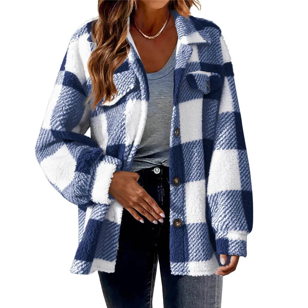 2024 Women Winter Fleece Sweater Vintage Plaid Cardigan Plus Size 3XL Loose Jacket Sherpa Fuzzy Shirt Version Sweaters