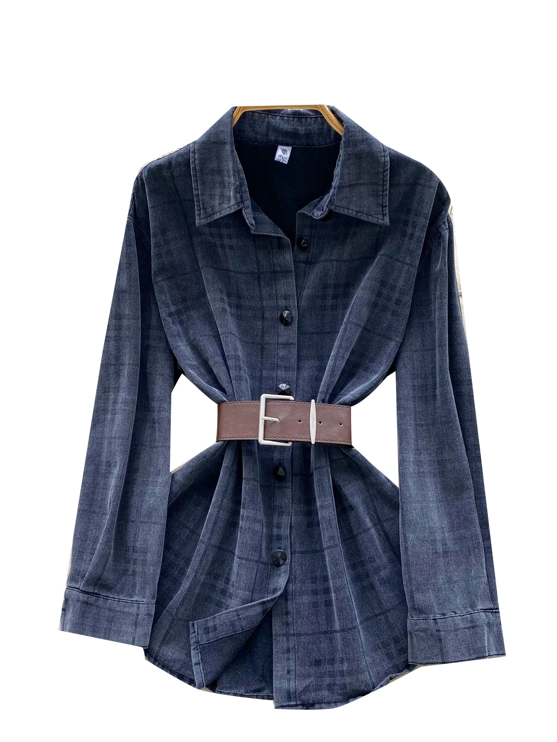 Casual Koreaanse Sle Dames irt Taille-kalkende lange Sve Plaid Denim Jaet Ademend Comfortabel polyestervezel