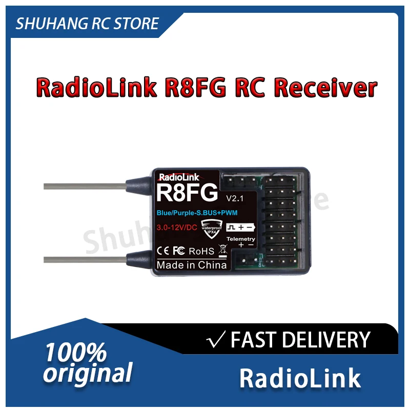 RadioLink R8FG RC Receiver Gyro 8CH Dual Antenna 2.4GHz 600 Meters Control Distance 3ms Response IPX4 for RC Car Boat Robot