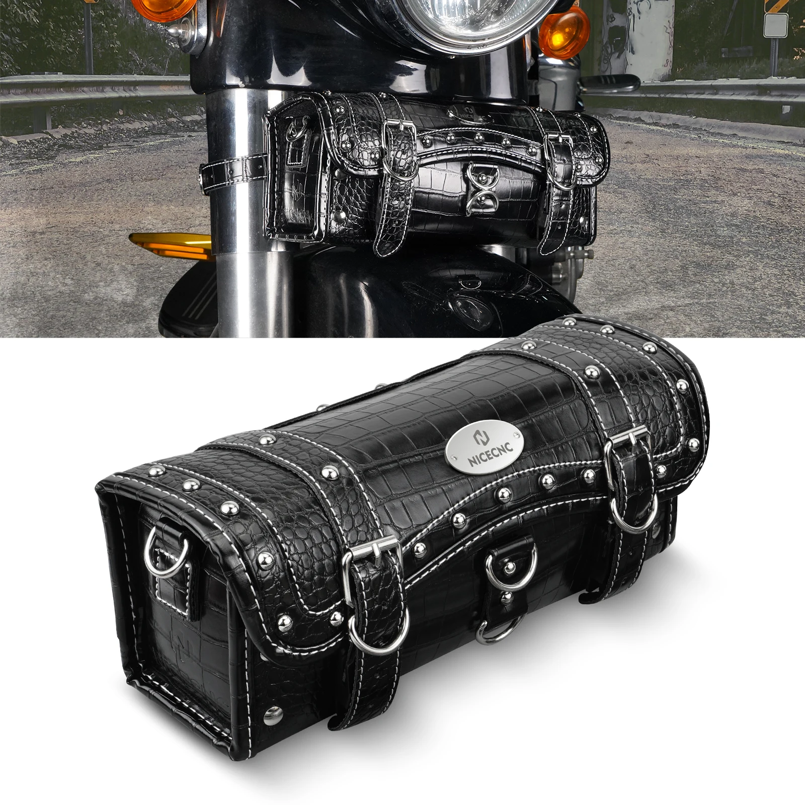 

NICECNC Motorcycle Front Fork Saddlebag for Harley Davidson Sportster Street Glide Waterproof Leather Tool Storage Motorbike Bag